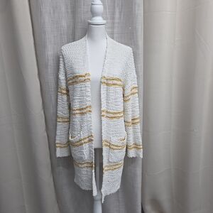Sienna Sky Cream Open-Front Cardigan with Gold Stripes